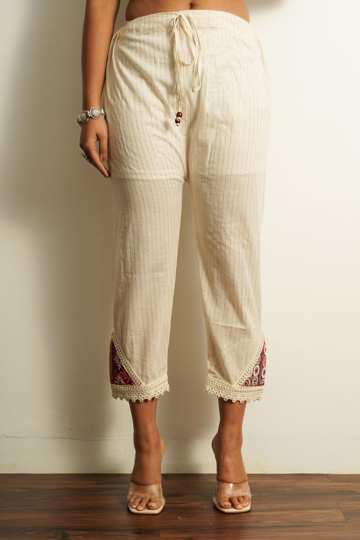 White Cotton Embroidered Pant by Keva with 100% cotton, Best Selling, Capris, Fusion Wear, Less than $50, Natural, New, Off-white, Regular Fit, Saba, Solids, White, Womenswear at Kamakhyaa for sustainable fashion