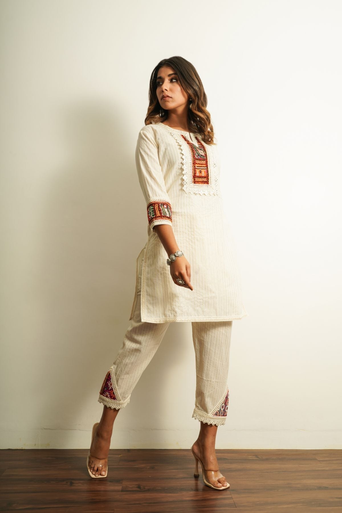 Kurta With Straight Pants - Set Of Two Complete Sets 100% cotton, Fusion Wear, Ivory, Set, Natural, Regular Fit, Saba, Solids Keva Kamakhyaa