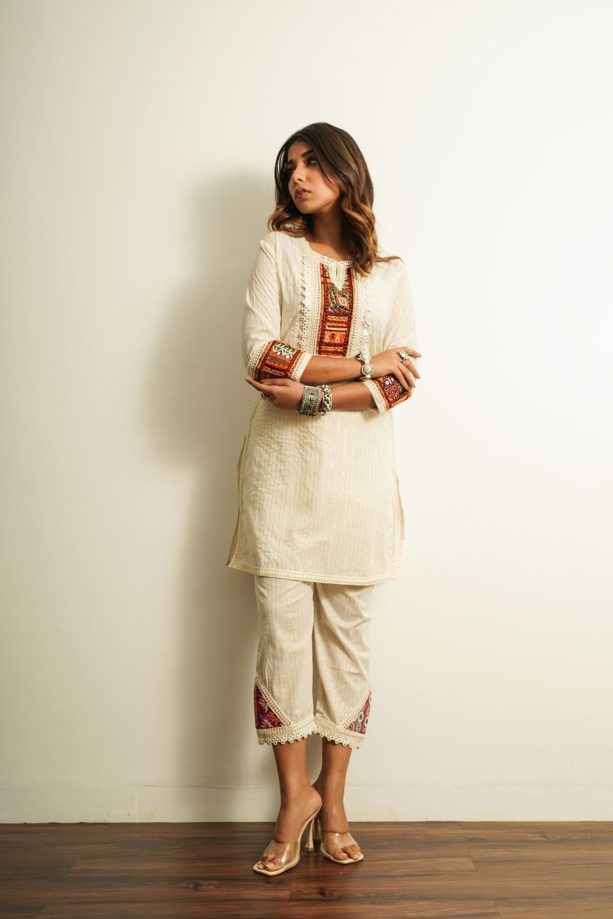 Kurta With Straight Pants - Set Of Two Complete Sets 100% cotton, Fusion Wear, Ivory, Set, Natural, Regular Fit, Saba, Solids Keva Kamakhyaa