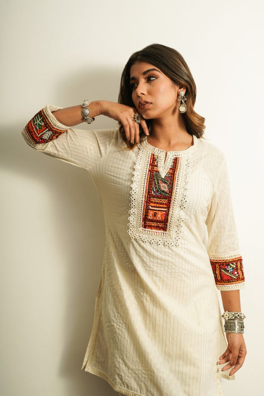 White Embroidered Cotton Kurta by Keva with 100% cotton, Best Selling, For Mother, Fusion Wear, Kurtas, Less than $50, Natural, New, Off-white, Regular Fit, Saba, Solids, White, Womenswear at Kamakhyaa for sustainable fashion