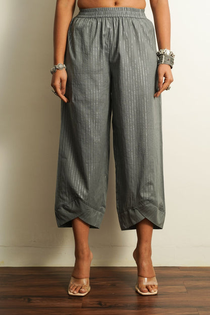 Grey Ankle Length Pants Bottoms 100% cotton, Fusion Wear, Grey, Natural, Pants, Relaxed Fit, Saba, Solids Keva Kamakhyaa