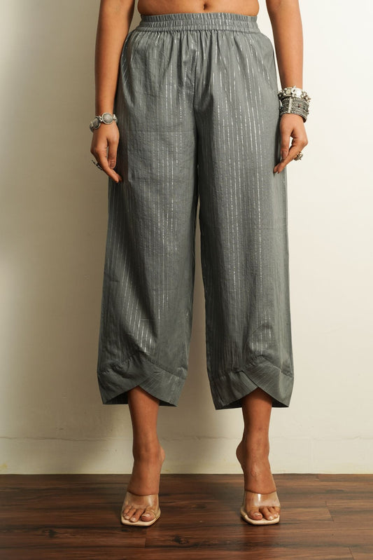 Grey Embellished Cotton Pant by Keva with 100% cotton, Best Selling, Capris, Fusion Wear, Grey, Less than $50, Natural, New, Products less than $25, Relaxed Fit, Saba, Solids, Womenswear at Kamakhyaa for sustainable fashion