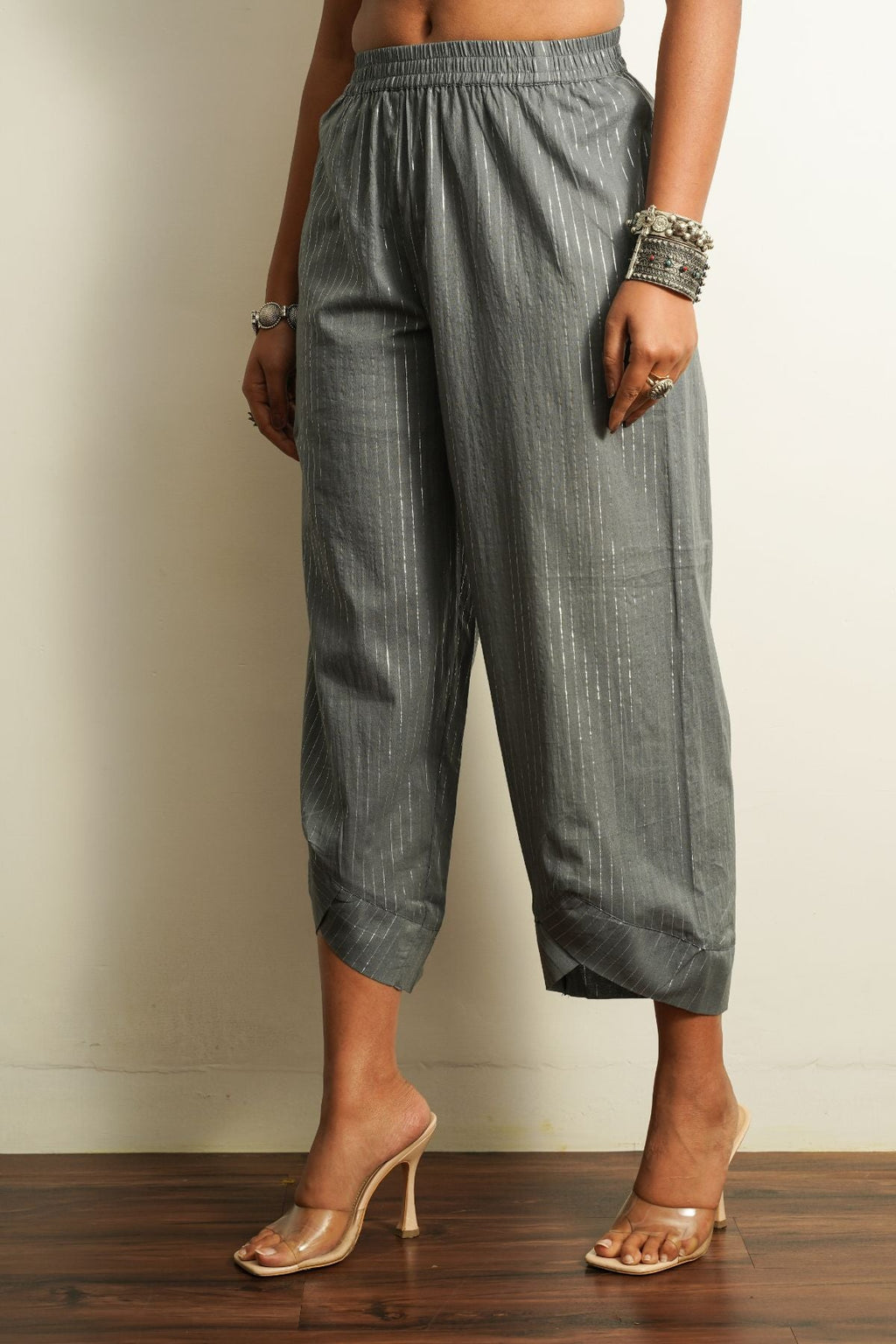 Grey Embellished Cotton Pant by Keva with 100% cotton, Best Selling, Capris, Fusion Wear, Grey, Less than $50, Natural, New, Products less than $25, Relaxed Fit, Saba, Solids, Womenswear at Kamakhyaa for sustainable fashion