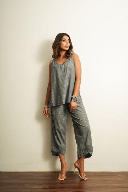 Grey Textured Cotton Co-ord Set by Keva with 100% cotton, Best Selling, Co-ord Sets, Fusion Wear, Grey, Less than $50, Natural, New, party, Party Wear Co-ords, Relaxed Fit, Saba, Solids, Womenswear at Kamakhyaa for sustainable fashion