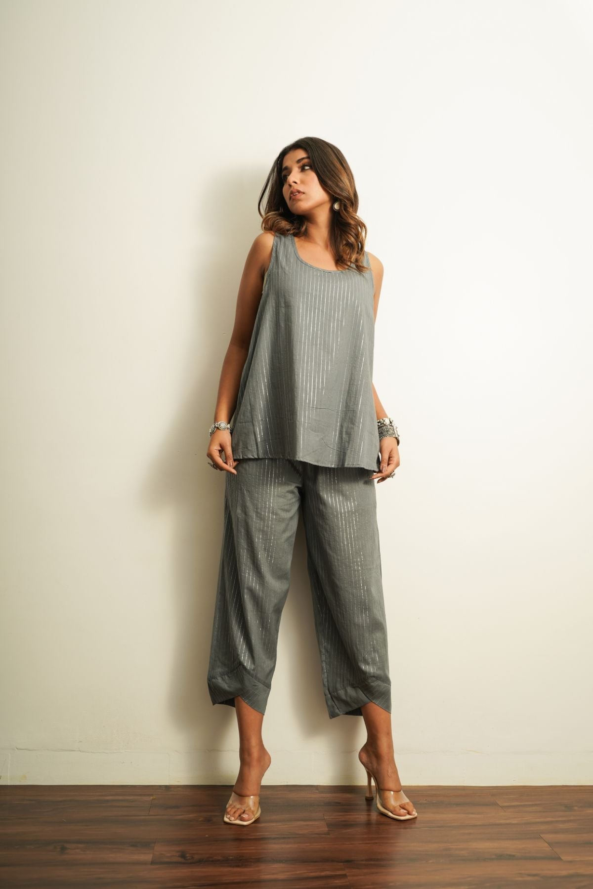 Grey Textured Cotton Co-ord Set by Keva with 100% cotton, Best Selling, Co-ord Sets, Fusion Wear, Grey, Less than $50, Natural, New, party, Party Wear Co-ords, Relaxed Fit, Saba, Solids, Womenswear at Kamakhyaa for sustainable fashion