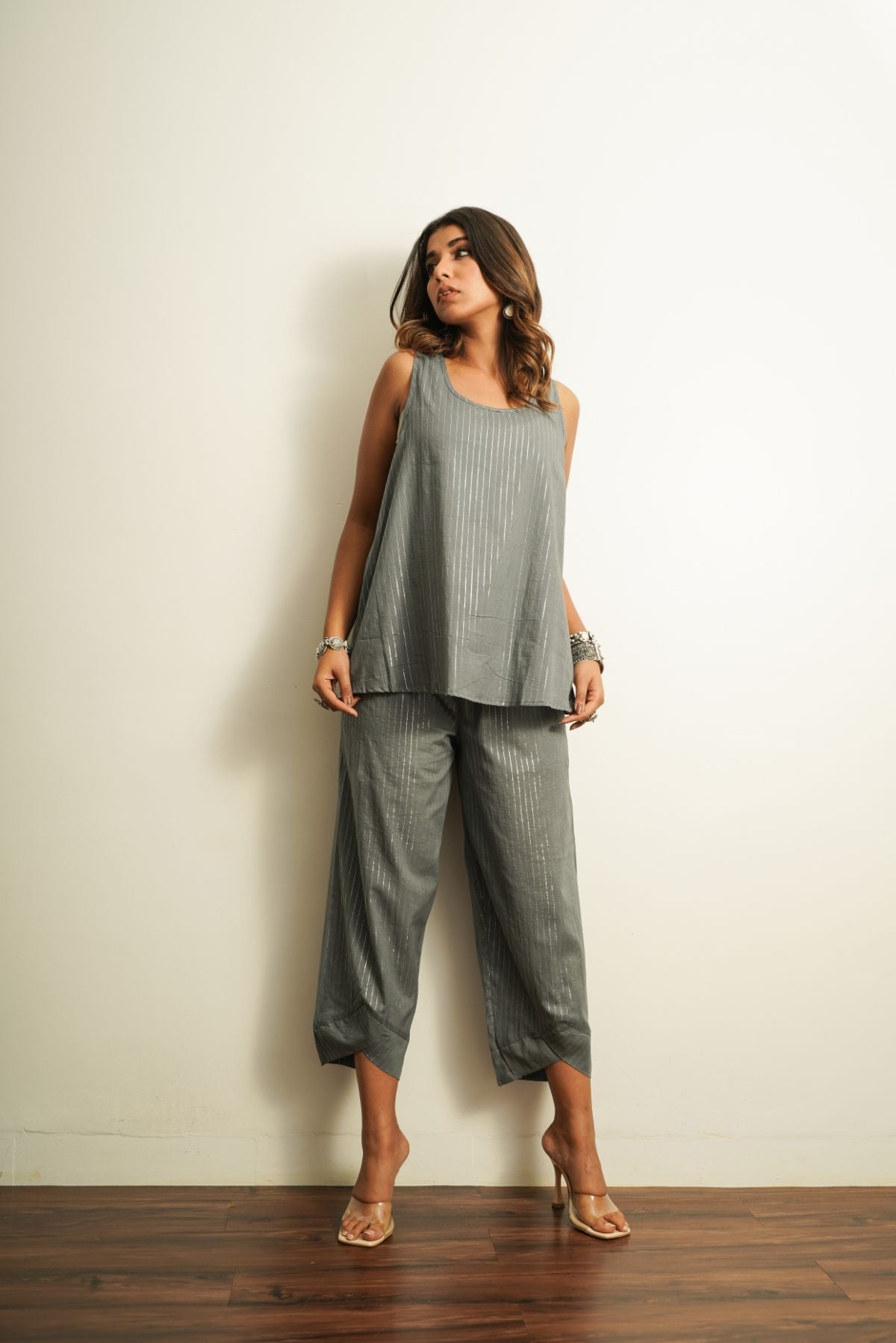 Grey Ankle Length Pants Bottoms 100% cotton, Fusion Wear, Grey, Natural, Pants, Relaxed Fit, Saba, Solids Keva Kamakhyaa