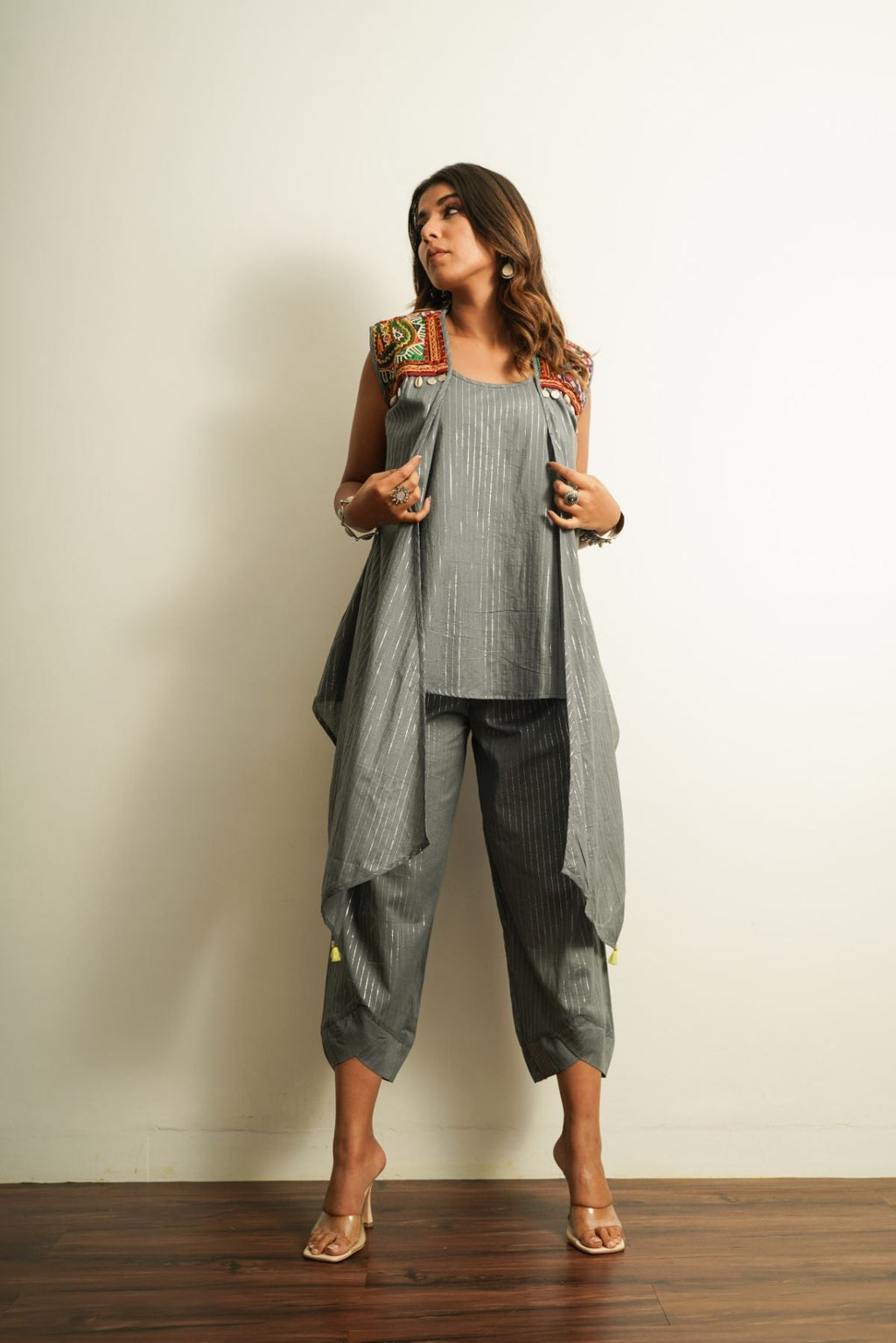 Grey Embroidered Cotton 3 pc Set by Keva with 100% cotton, Best Selling, Cape, Co-ord Sets, For Anniversary, Fusion Wear, Grey, Natural, New, party, Party Wear Co-ords, Relaxed Fit, Saba, Solids, Womenswear at Kamakhyaa for sustainable fashion