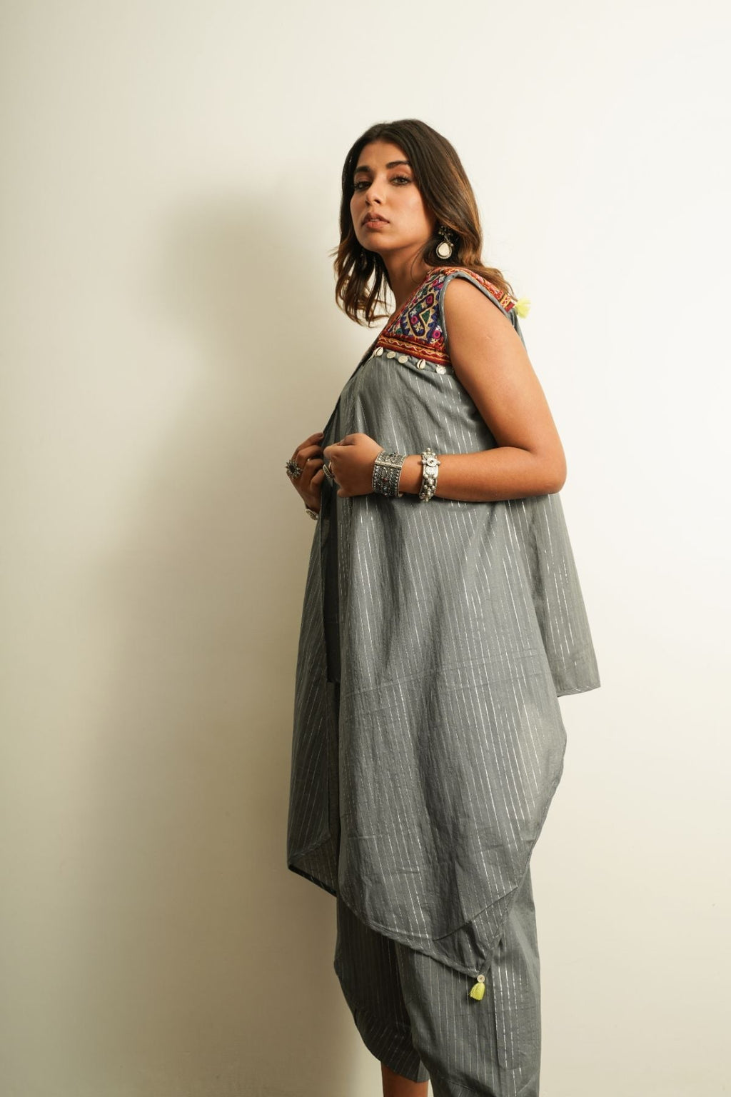 Grey Embroidered Cotton 3 pc Set by Keva with 100% cotton, Best Selling, Cape, Co-ord Sets, For Anniversary, Fusion Wear, Grey, Natural, New, party, Party Wear Co-ords, Relaxed Fit, Saba, Solids, Womenswear at Kamakhyaa for sustainable fashion