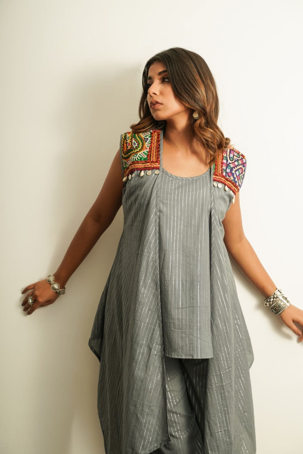 Grey Embroidered Cotton 3 pc Set by Keva with 100% cotton, Best Selling, Cape, Co-ord Sets, For Anniversary, Fusion Wear, Grey, Natural, New, party, Party Wear Co-ords, Relaxed Fit, Saba, Solids, Womenswear at Kamakhyaa for sustainable fashion