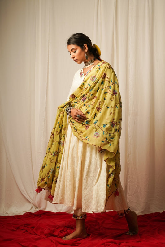 Georgette Duppata With Full Embroidery by Keva with Accessories, Best Selling, Cotton Lurex, Dupattas, Embroidered, Georgette, Green, Indian Wear, Natural, Relaxed Fit, Resort Wear, Tatriz, Womenswear at Kamakhyaa for sustainable fashion