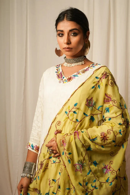 Anarkali Kurta And Pants-Set Of Two by Keva with Best Selling, Cotton Lurex, Embroidered, For Mother, Indian Wear, Kurta Pant Sets, Natural, Relaxed Fit, Resort Wear, Tatriz, White, Womenswear at Kamakhyaa for sustainable fashion
