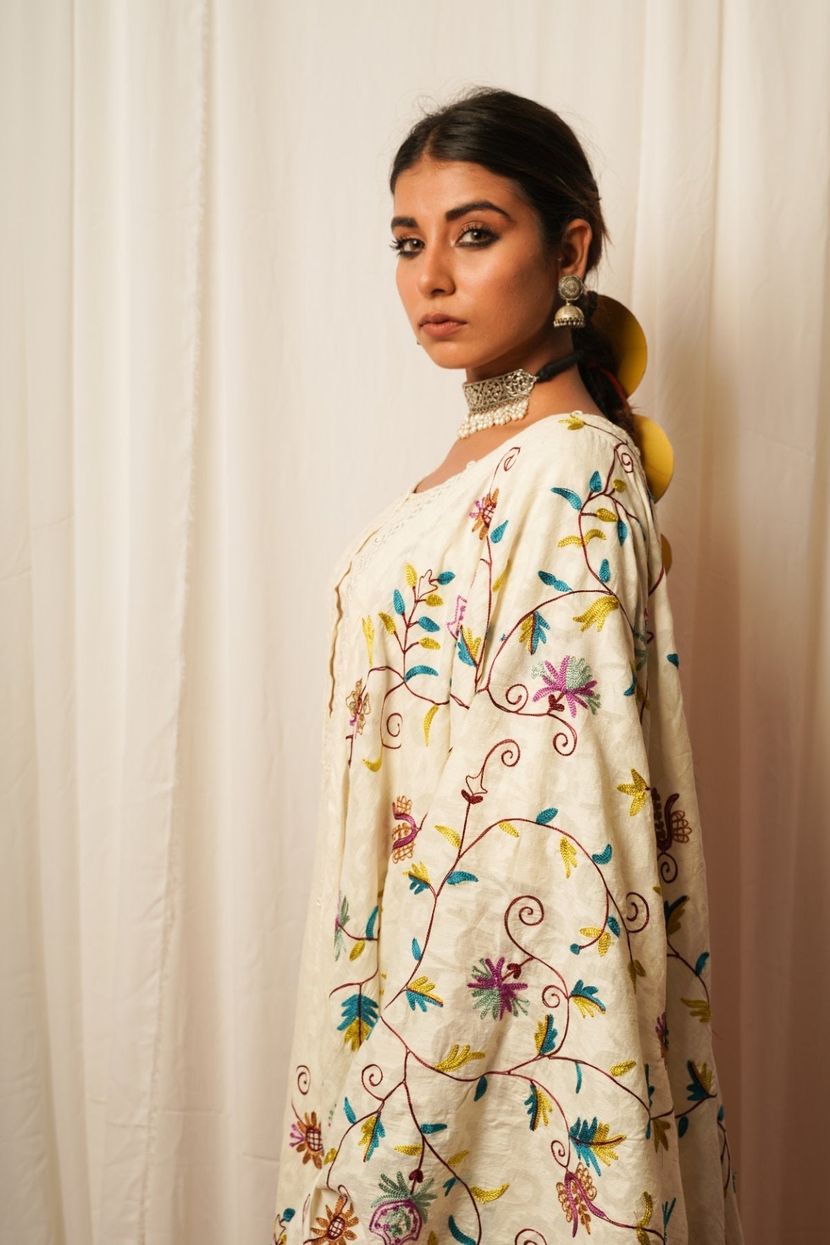 Cotton Duppata by Keva with Accessories, Cotton, Cotton Lurex, Dupattas, Embroidered, Indian Wear, Natural, Prints, Relaxed Fit, Resort Wear, Tatriz, White, Womenswear at Kamakhyaa for sustainable fashion