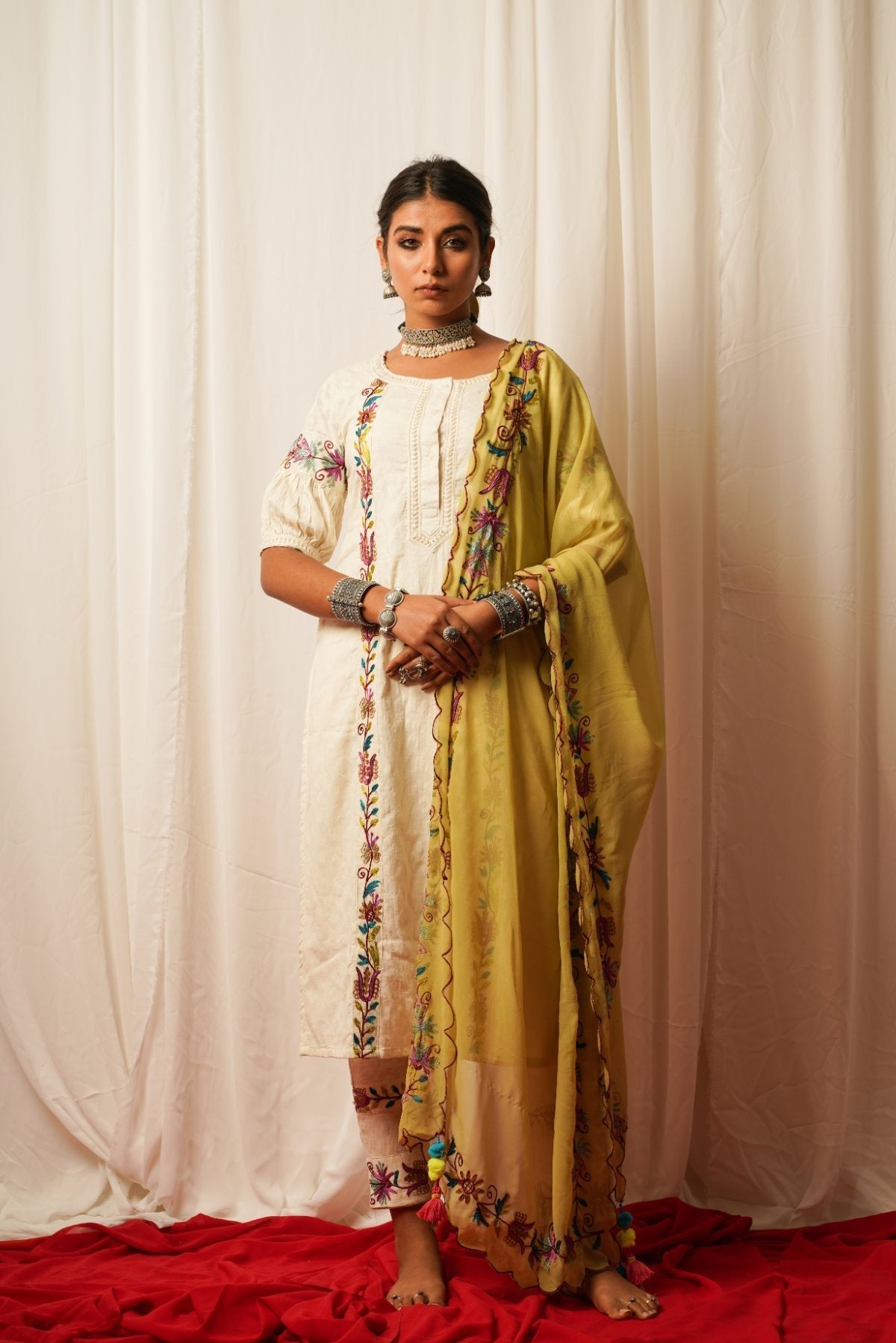 Georgette Duppata With Embroidered Border by Keva with Accessories, Best Selling, Cotton, Cotton Lurex, Dupattas, Embroidered, Georgette, Green, Indian Wear, Natural, Prints, Relaxed Fit, Resort Wear, Tatriz, Womenswear at Kamakhyaa for sustainable fashion