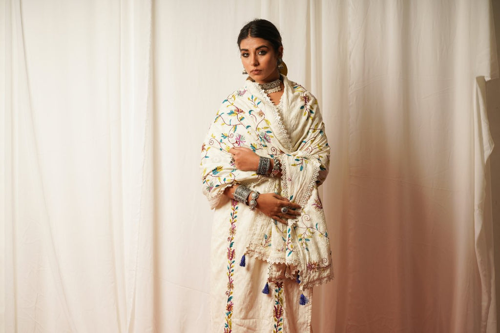 Cotton Duppata by Keva with Accessories, Cotton, Cotton Lurex, Dupattas, Embroidered, Indian Wear, Natural, Prints, Relaxed Fit, Resort Wear, Tatriz, White, Womenswear at Kamakhyaa for sustainable fashion