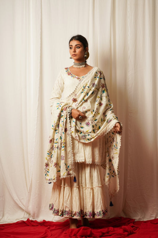 Sharara Set With Cotton Duppata - Set Of Three by Keva with Best Selling, Cotton Lurex, Embroidered, Indian Wear, Natural, Relaxed Fit, Resort Wear, Sharara Sets, Shararas, Tatriz, Wedding Gifts, White, Womenswear at Kamakhyaa for sustainable fashion