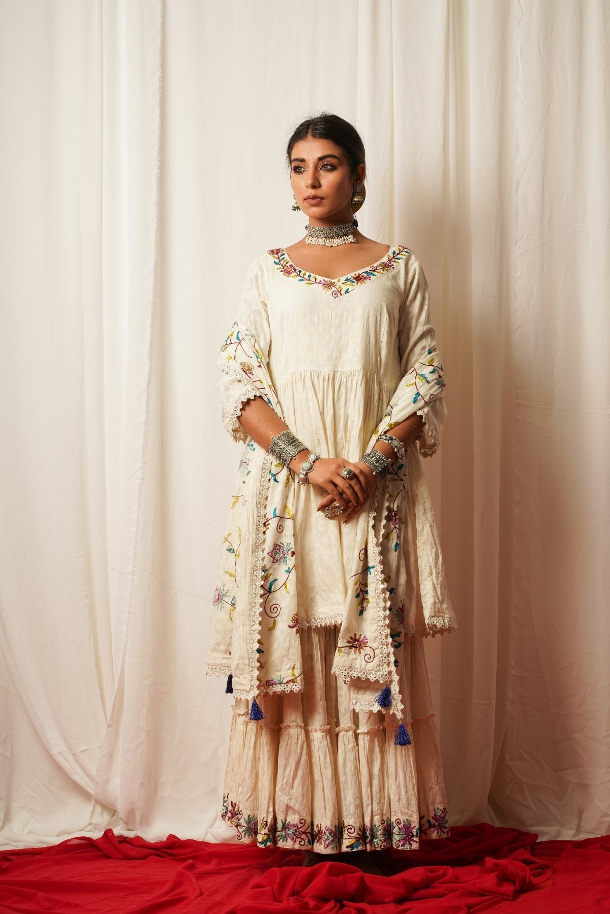 Sharara Set With Cotton Duppata - Set Of Three by Keva with Best Selling, Cotton Lurex, Embroidered, Indian Wear, Natural, Relaxed Fit, Resort Wear, Sharara Sets, Shararas, Tatriz, Wedding Gifts, White, Womenswear at Kamakhyaa for sustainable fashion