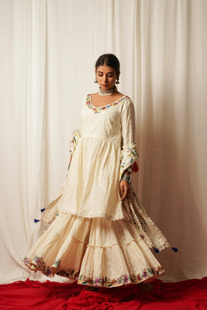 Sharara - Set Of Two by Keva with Best Selling, Cotton Lurex, Embroidered, Indian Wear, Natural, Relaxed Fit, Resort Wear, Sharara Sets, Shararas, Tatriz, Wedding Gifts, White, Womenswear at Kamakhyaa for sustainable fashion