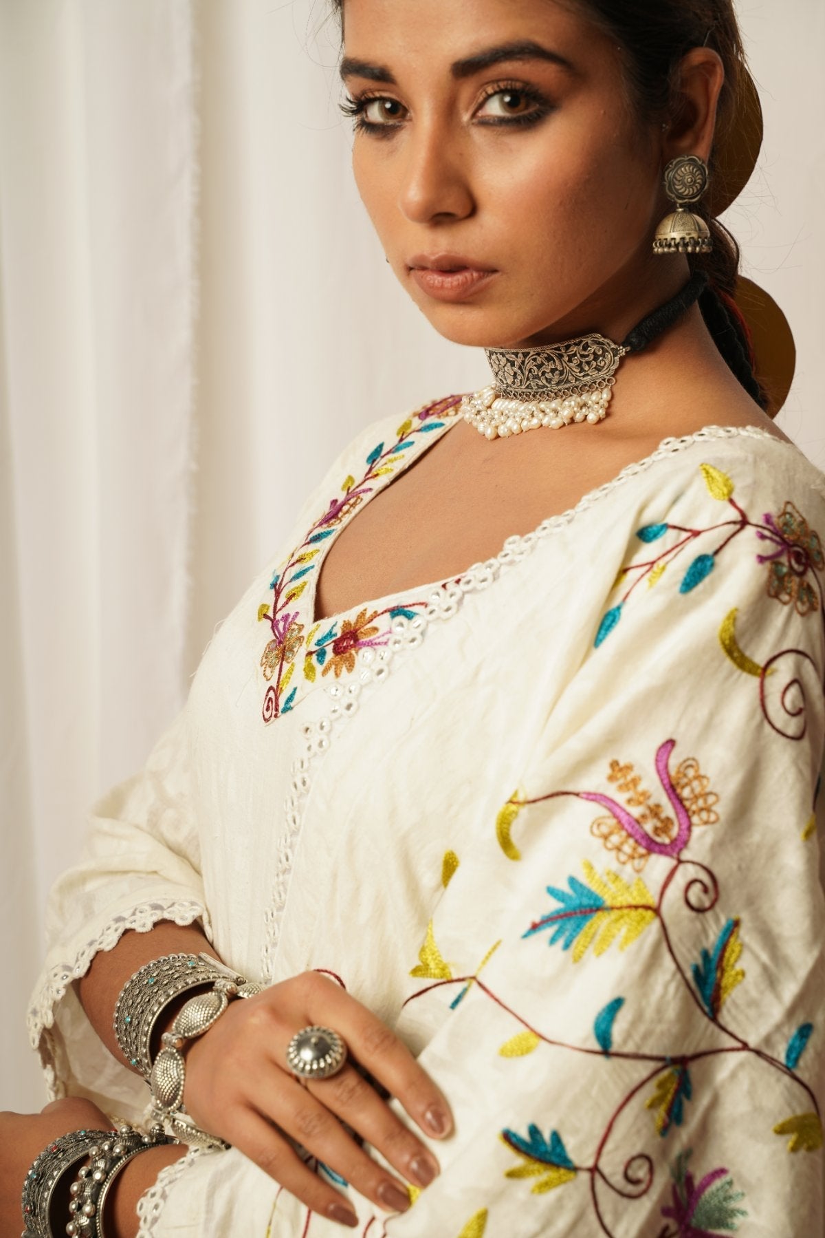 Sharara Set With Cotton Duppata - Set Of Three by Keva with Best Selling, Cotton Lurex, Embroidered, Indian Wear, Natural, Relaxed Fit, Resort Wear, Sharara Sets, Shararas, Tatriz, Wedding Gifts, White, Womenswear at Kamakhyaa for sustainable fashion