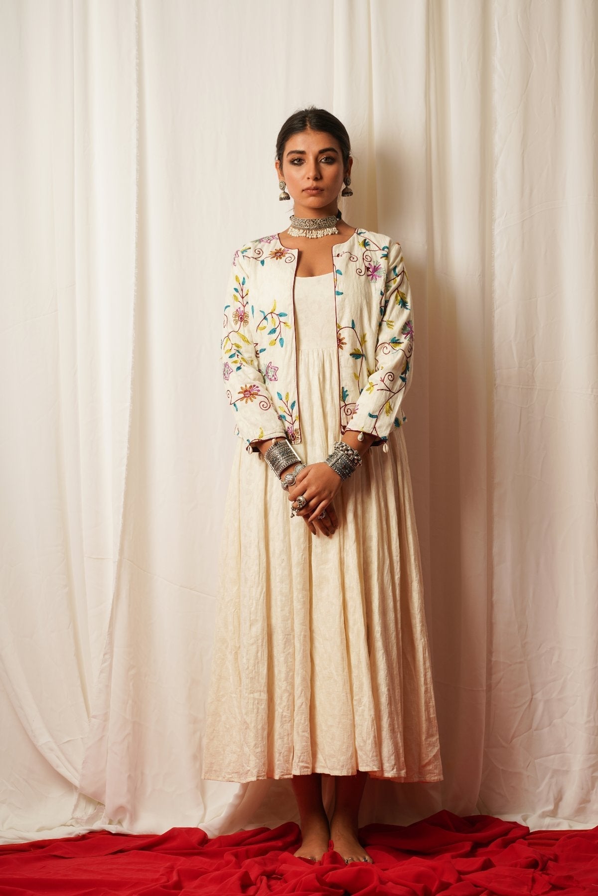 Dress And Jacket - Set Of Two by Keva with Co-ord Sets, Cotton Lurex, Dress Sets, Embroidered, Jackets, Midi Dresses, Natural, Relaxed Fit, Resort Wear, Tatriz, White, Womenswear at Kamakhyaa for sustainable fashion