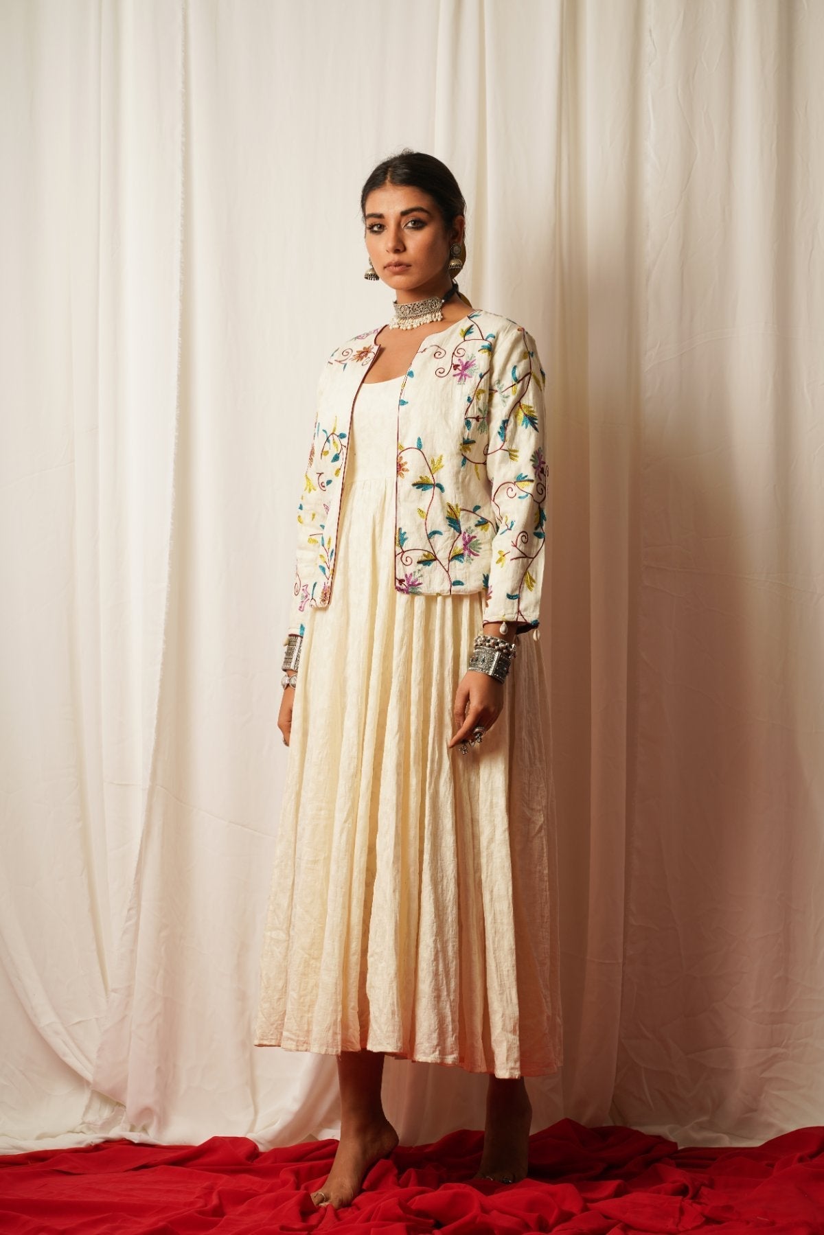 Dress And Jacket - Set Of Two by Keva with Co-ord Sets, Cotton Lurex, Dress Sets, Embroidered, Jackets, Midi Dresses, Natural, Relaxed Fit, Resort Wear, Tatriz, White, Womenswear at Kamakhyaa for sustainable fashion