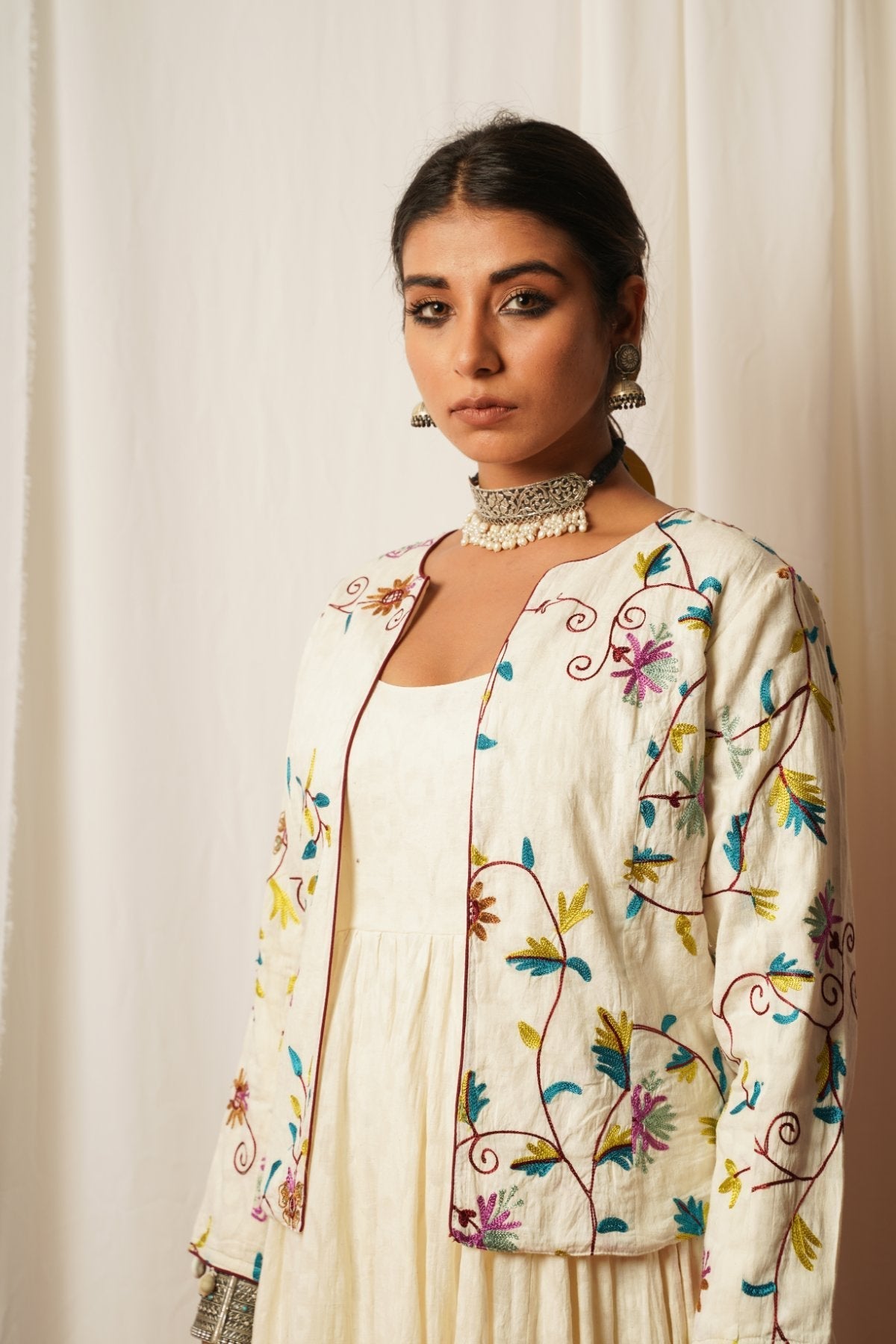Dress And Jacket - Set Of Two by Keva with Co-ord Sets, Cotton Lurex, Dress Sets, Embroidered, Jackets, Midi Dresses, Natural, Relaxed Fit, Resort Wear, Tatriz, White, Womenswear at Kamakhyaa for sustainable fashion