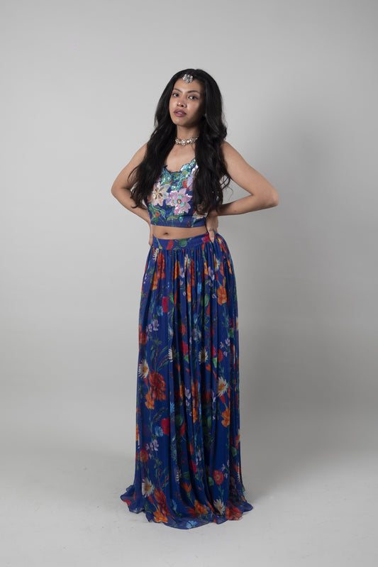 Blue Floral Sequins And Prints Crepe Lehenga by Ewoke with Bemberg crepe, Blue, Embroidered, Ewoke, Festive Wear, Lehenga Sets, Natural, Relaxed Fit, Womenswear at Kamakhyaa for sustainable fashion