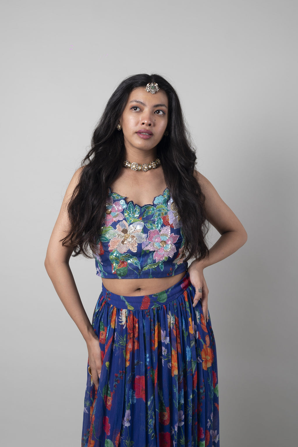 Blue Floral Sequins And Prints Crepe Lehenga by Ewoke with Bemberg crepe, Blue, Embroidered, Ewoke, Festive Wear, Lehenga Sets, Natural, Relaxed Fit, Womenswear at Kamakhyaa for sustainable fashion