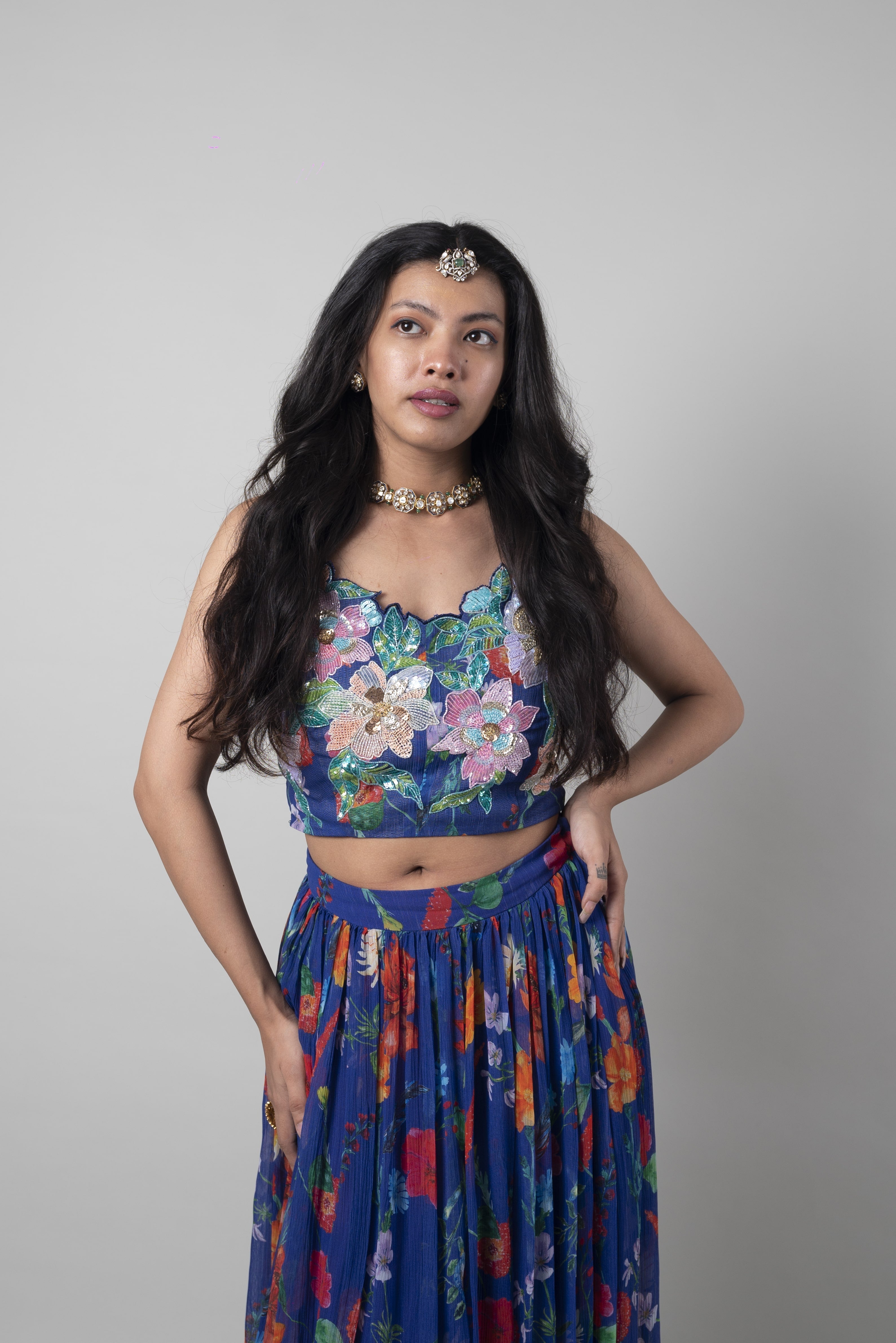 Blue Floral Sequins And Prints Crepe Lehenga by Ewoke with Bemberg crepe, Blue, Embroidered, Ewoke, Festive Wear, Lehenga Sets, Natural, Relaxed Fit, Womenswear at Kamakhyaa for sustainable fashion