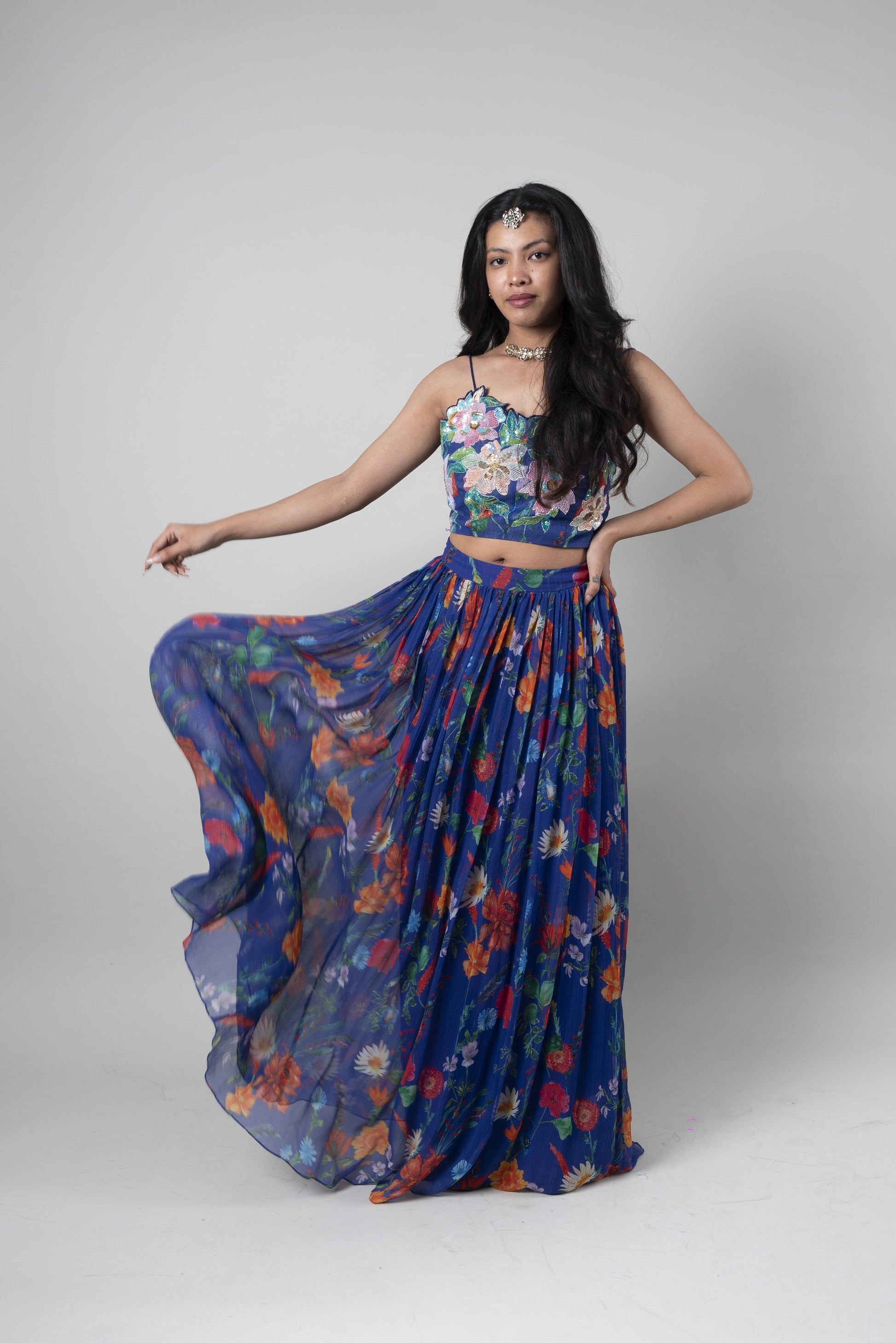 Blue Floral Sequins And Prints Crepe Lehenga by Ewoke with Bemberg crepe, Blue, Embroidered, Ewoke, Festive Wear, Lehenga Sets, Natural, Relaxed Fit, Womenswear at Kamakhyaa for sustainable fashion