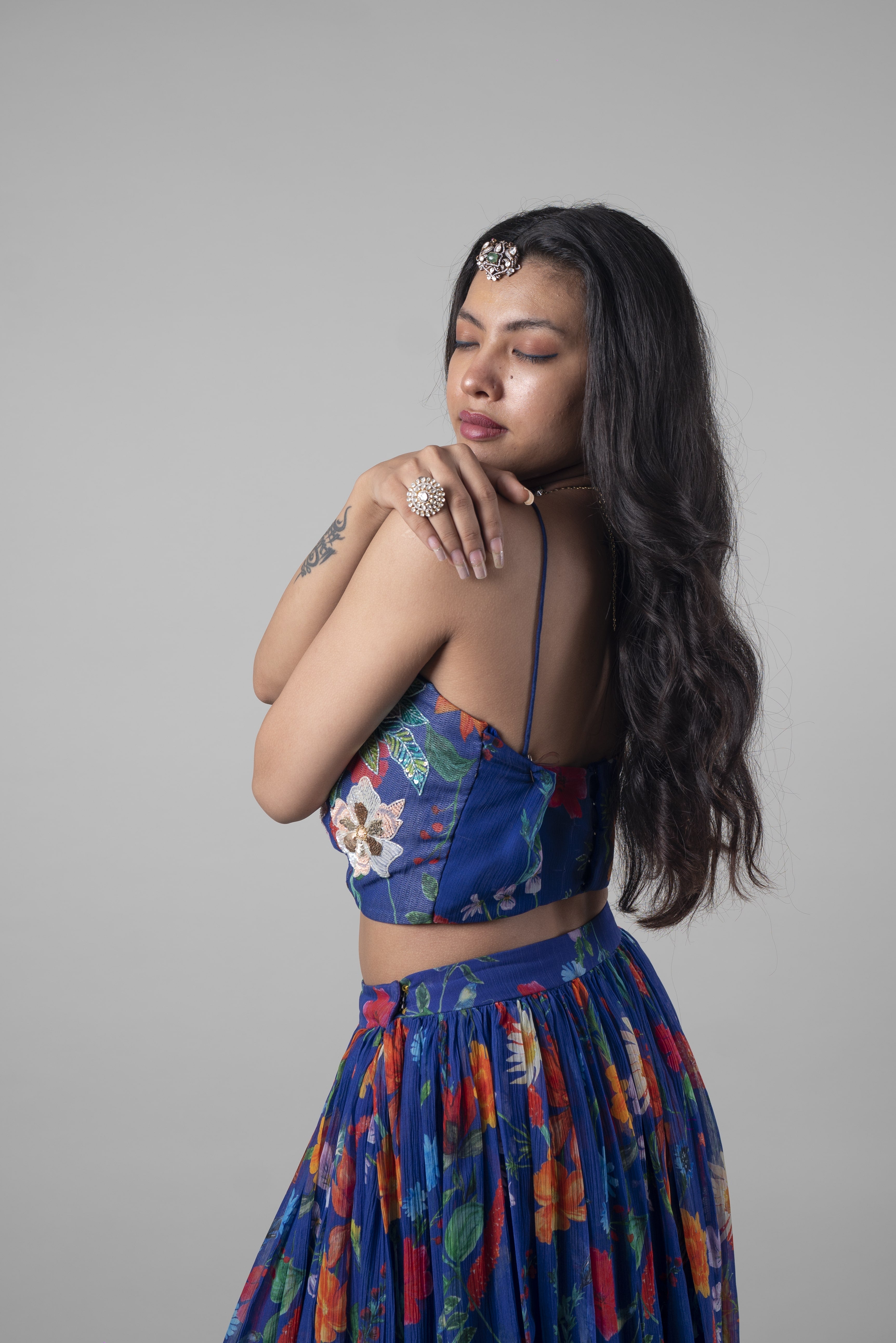 Blue Floral Sequins And Prints Crepe Lehenga by Ewoke with Bemberg crepe, Blue, Embroidered, Ewoke, Festive Wear, Lehenga Sets, Natural, Relaxed Fit, Womenswear at Kamakhyaa for sustainable fashion