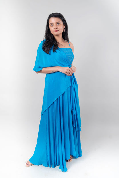 Blue Satin One Shoulder Gown