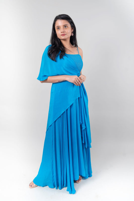Blue Satin One Shoulder Gown by Ewoke with Bemberg chiffon, Blue, Ewoke, Maxi Dresses, Natural, Party Wear, Relaxed Fit, Solids, Womenswear at Kamakhyaa for sustainable fashion
