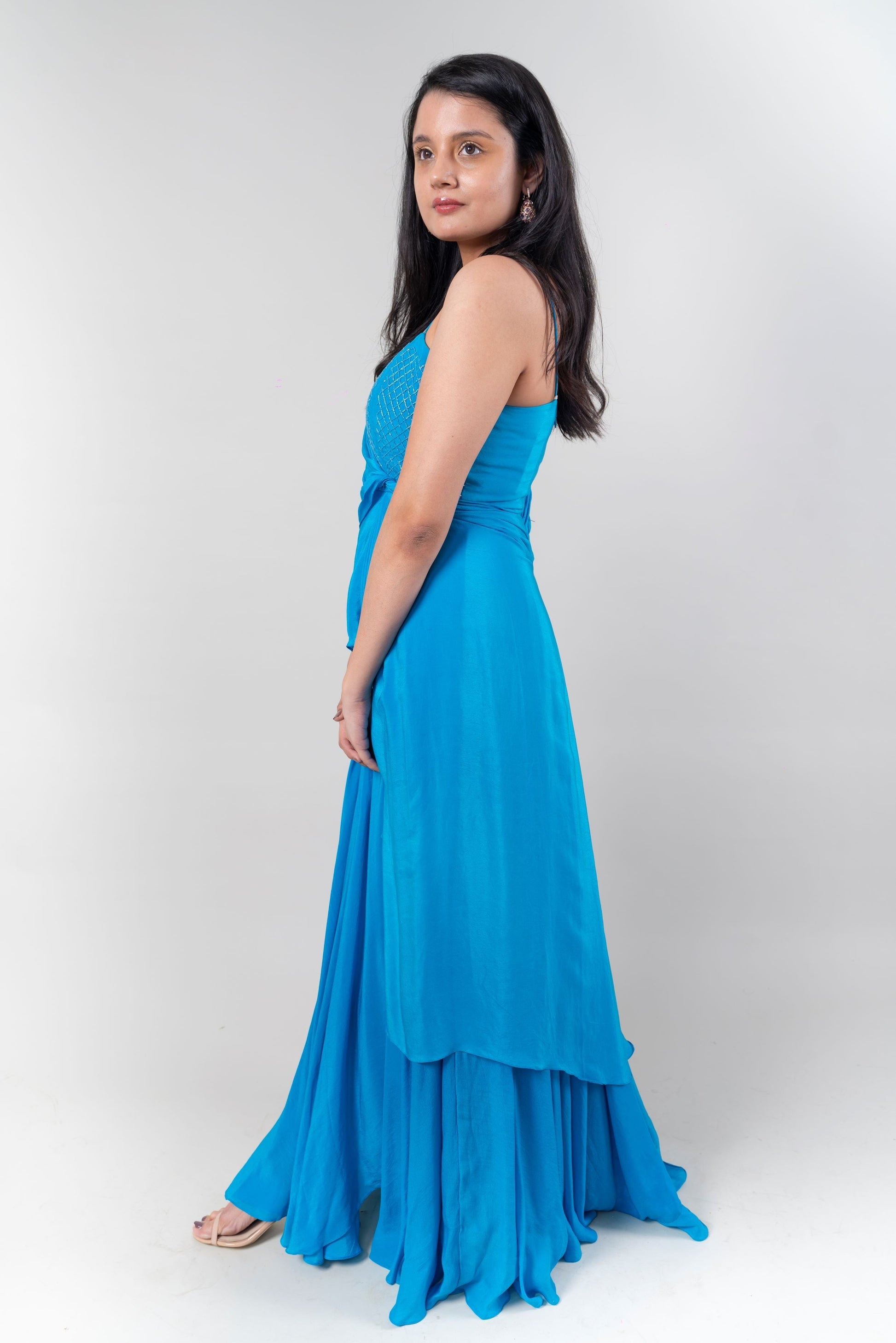 Blue Satin One Shoulder Gown by Ewoke with Bemberg chiffon, Blue, Ewoke, Maxi Dresses, Natural, Party Wear, Relaxed Fit, Solids, Womenswear at Kamakhyaa for sustainable fashion