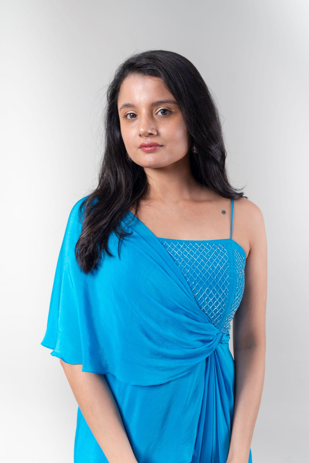 Blue Satin One Shoulder Gown by Ewoke with Bemberg chiffon, Blue, Ewoke, Maxi Dresses, Natural, Party Wear, Relaxed Fit, Solids, Womenswear at Kamakhyaa for sustainable fashion