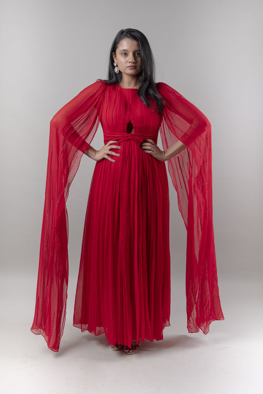 Red Satin Drape Gown With Trail Sleeves