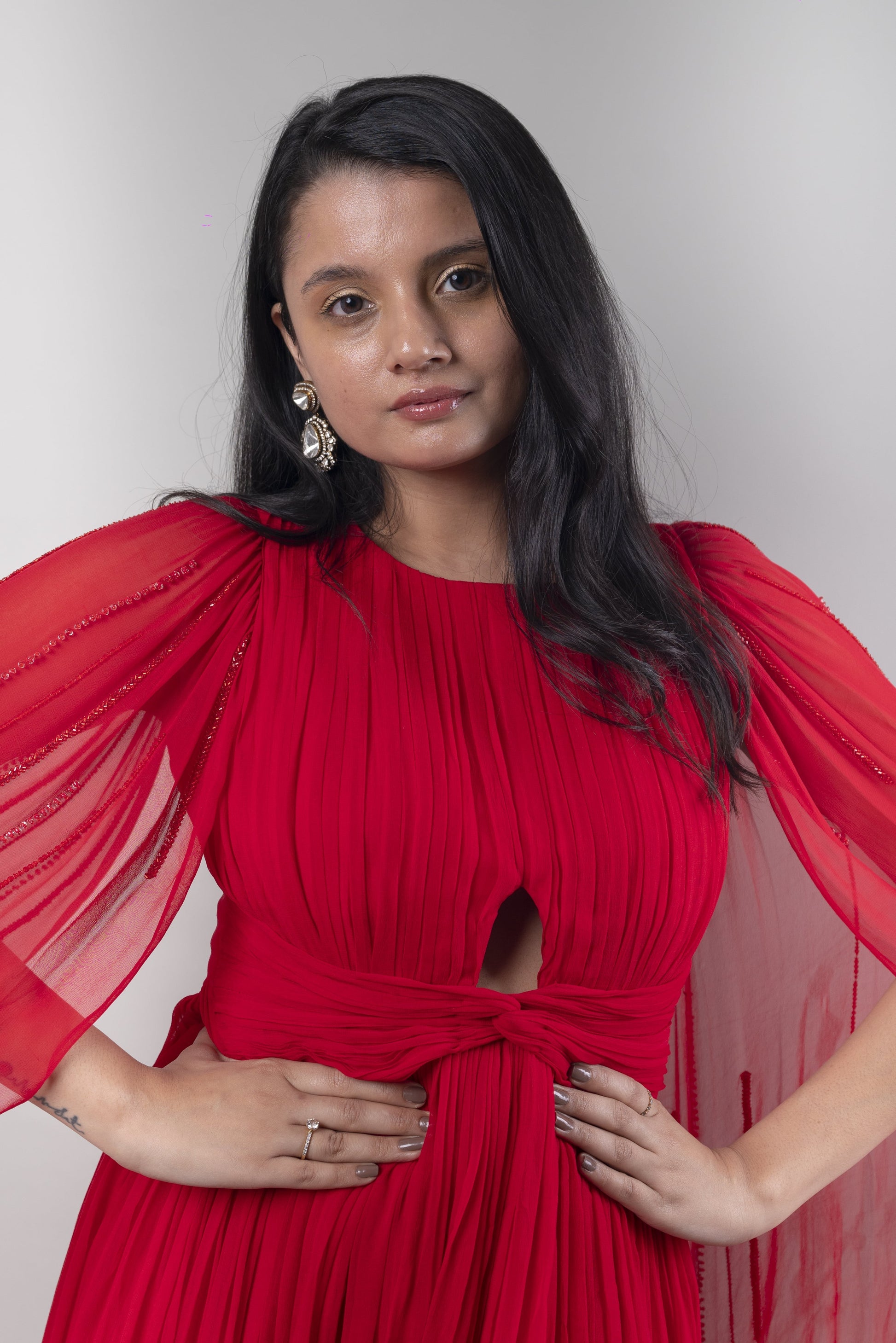Red Satin Drape Gown With Trail Sleeves by Ewoke with Bemberg chiffon, Complete Sets, Ewoke, Natural, Party Wear, Relaxed Fit, Solids, White, Womenswear at Kamakhyaa for sustainable fashion