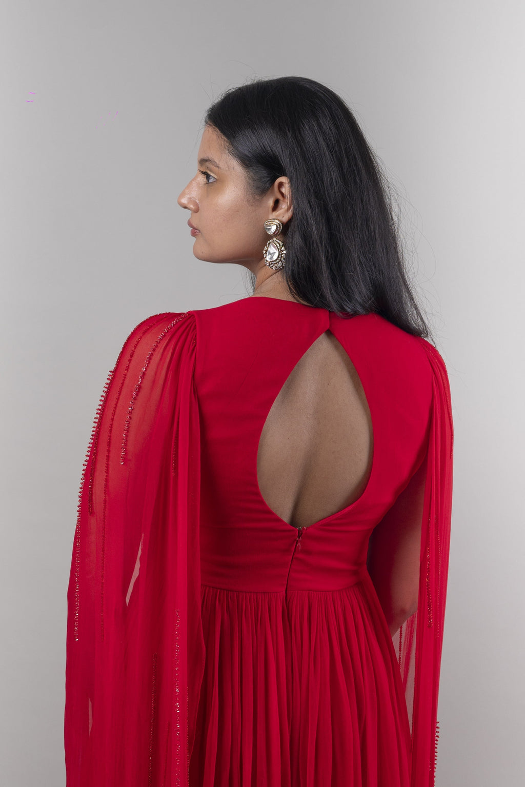 Red Satin Drape Gown With Trail Sleeves by Ewoke with Bemberg chiffon, Complete Sets, Ewoke, Natural, Party Wear, Relaxed Fit, Solids, White, Womenswear at Kamakhyaa for sustainable fashion