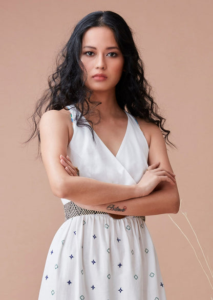 White Cotton Maxi Dress by Dan Ba with Cotton, July Sale, July Sale 2023, Maxi Dresses, Natural, Prints, Relaxed Fit, Resort Wear, Sleeveless Dresses, White, Womenswear at Kamakhyaa for sustainable fashion