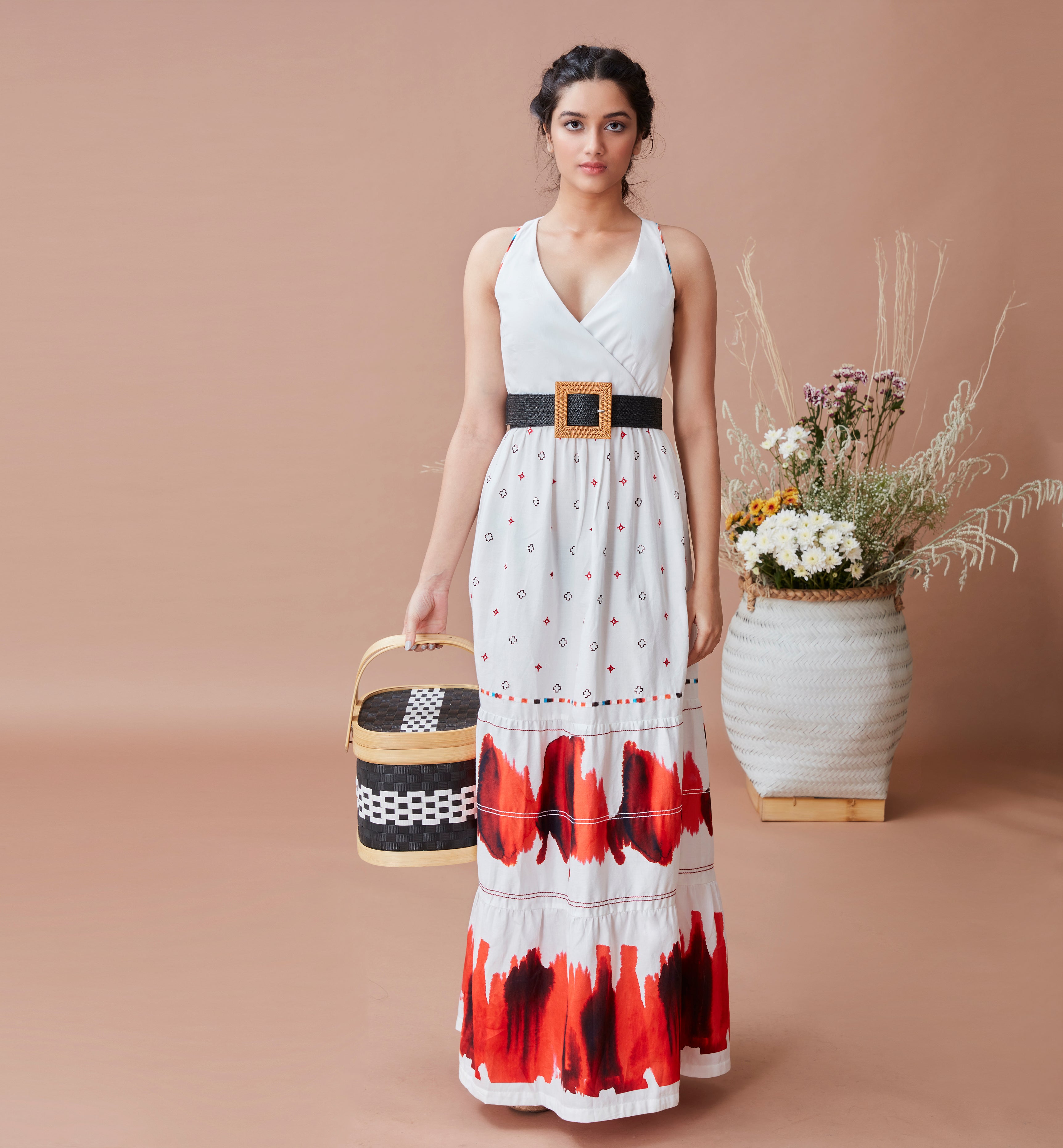 White Printed Maxi Dress by Dan Ba with Cotton, July Sale, July Sale 2023, Maxi Dresses, Natural, Prints, Relaxed Fit, Resort Wear, Sleeveless Dresses, Strap Dresses, White, Womenswear at Kamakhyaa for sustainable fashion