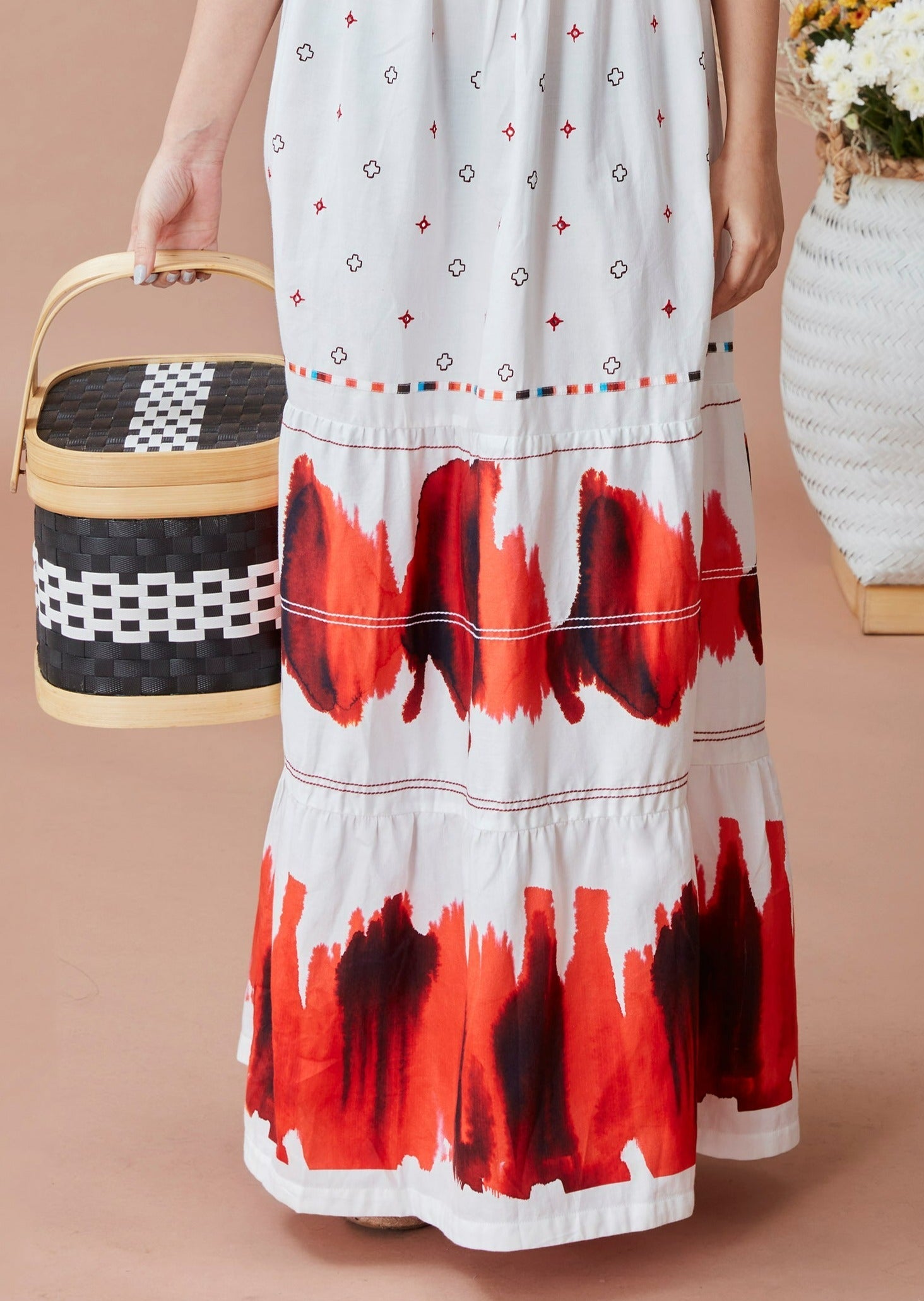White Printed Maxi Dress by Dan Ba with Cotton, July Sale, July Sale 2023, Maxi Dresses, Natural, Prints, Relaxed Fit, Resort Wear, Sleeveless Dresses, Strap Dresses, White, Womenswear at Kamakhyaa for sustainable fashion