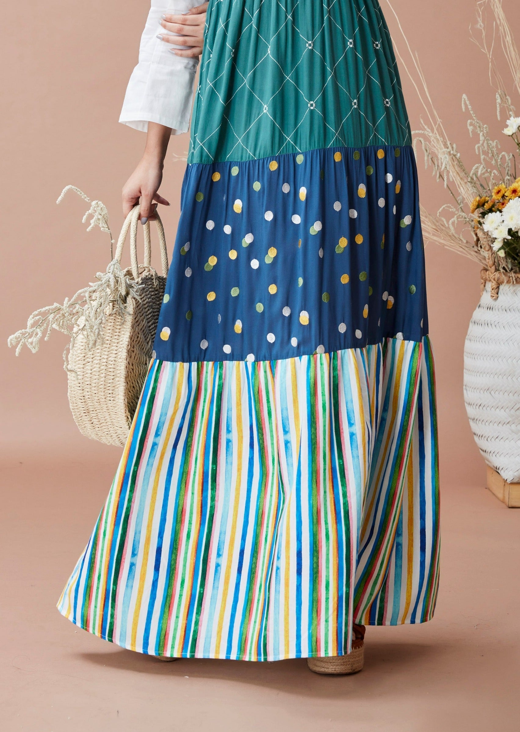 Green Printed Maxi Dress by Dan Ba with Blue, Cotton, For Anniversary, Green, July Sale, July Sale 2023, Maxi Dresses, Natural, Prints, Relaxed Fit, Resort Wear, Tiered Dresses, White, Womenswear at Kamakhyaa for sustainable fashion