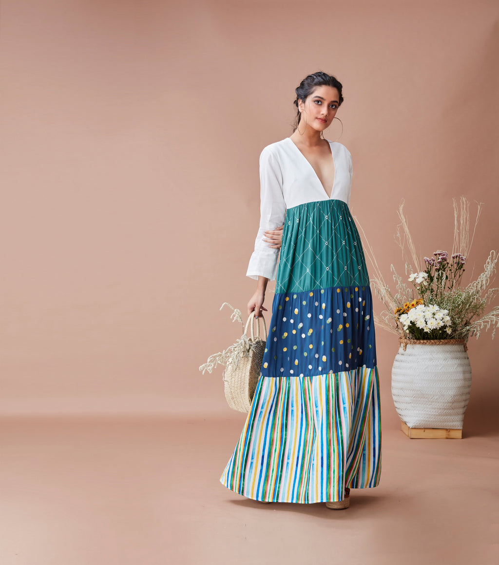 Green Printed Maxi Dress by Dan Ba with Blue, Cotton, For Anniversary, Green, July Sale, July Sale 2023, Maxi Dresses, Natural, Prints, Relaxed Fit, Resort Wear, Tiered Dresses, White, Womenswear at Kamakhyaa for sustainable fashion