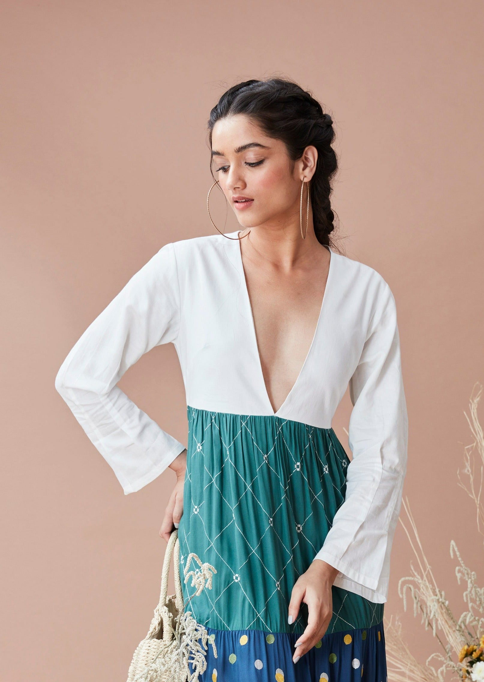 Green Printed Maxi Dress by Dan Ba with Blue, Cotton, For Anniversary, Green, July Sale, July Sale 2023, Maxi Dresses, Natural, Prints, Relaxed Fit, Resort Wear, Tiered Dresses, White, Womenswear at Kamakhyaa for sustainable fashion