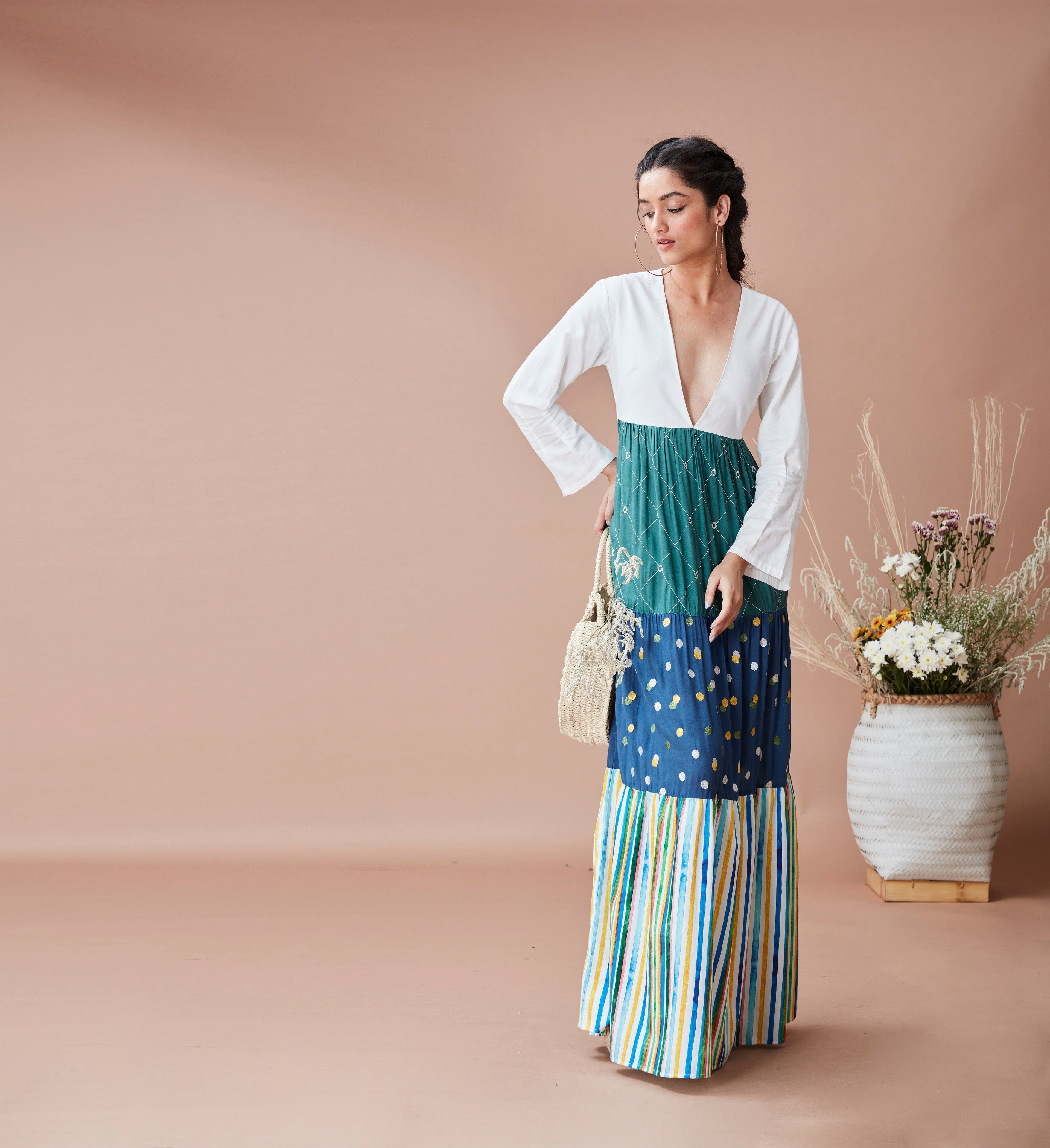 Green Printed Maxi Dress by Dan Ba with Blue, Cotton, For Anniversary, Green, July Sale, July Sale 2023, Maxi Dresses, Natural, Prints, Relaxed Fit, Resort Wear, Tiered Dresses, White, Womenswear at Kamakhyaa for sustainable fashion