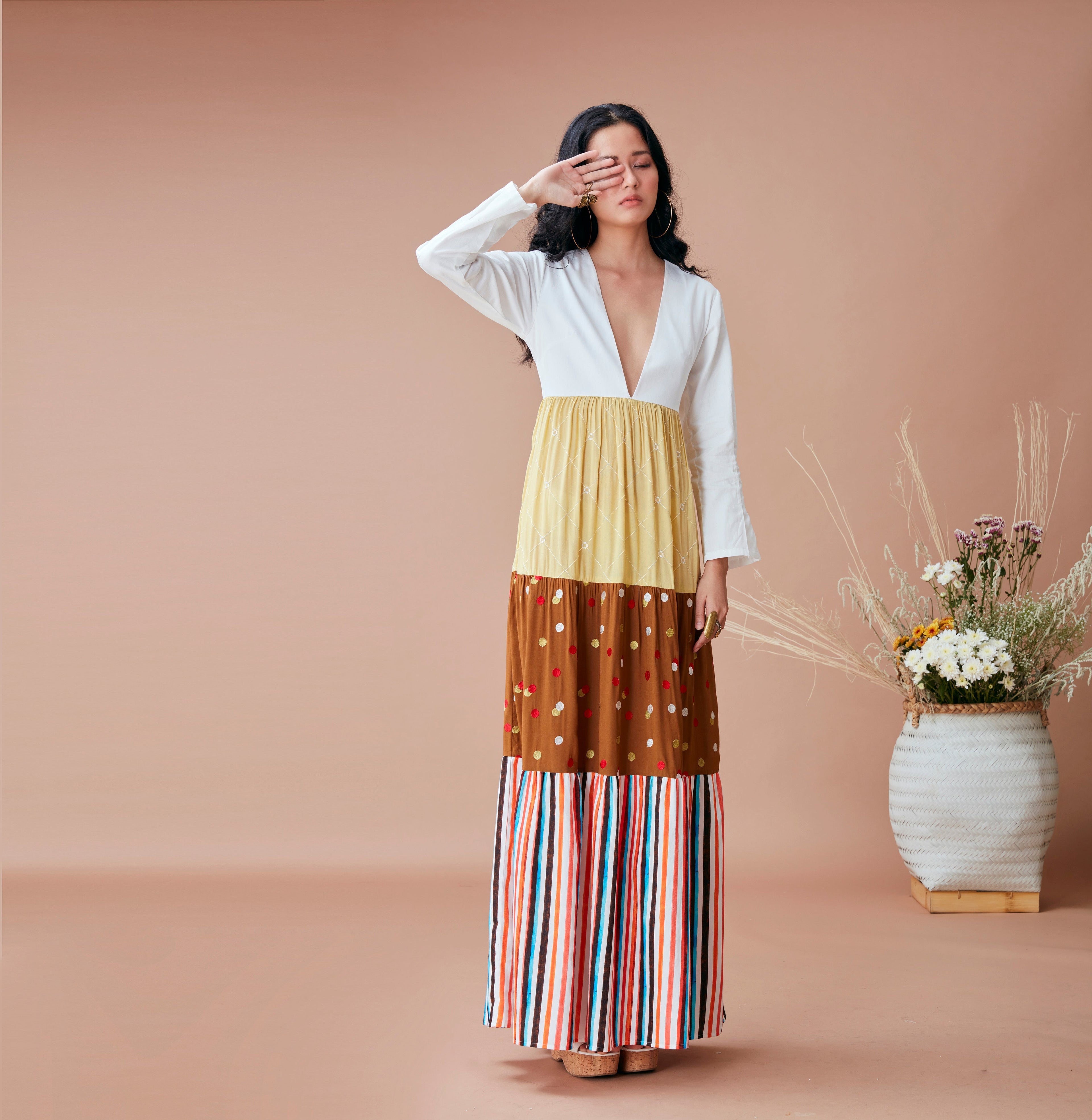 White Printed Maxi Dress by Dan Ba with Brown, Cotton, Fall, July Sale, July Sale 2023, Maxi Dresses, Natural, Prints, Relaxed Fit, Resort Wear, Tiered Dresses, White, Womenswear at Kamakhyaa for sustainable fashion