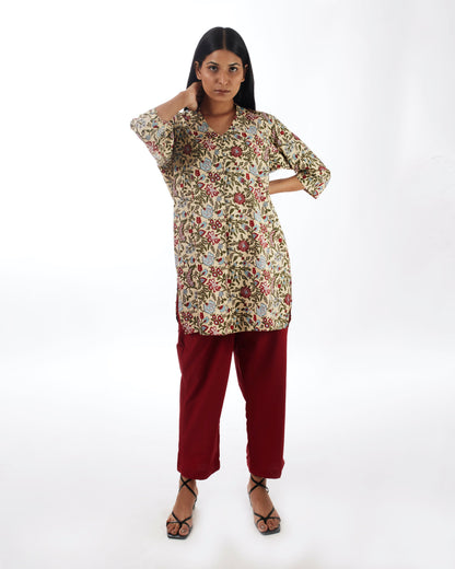 Yellow Printed 2 Piece Set With Red Pants by Kamakhyaa with 100% pure cotton, Casual Wear, Co-ord Sets, FB ADS JUNE, Fitted At Waist, KKYSS, Naturally Made, Party Wear, Printed, Relaxed Fit, Summer Sutra, Womenswear, Yellow at Kamakhyaa for sustainable fashion