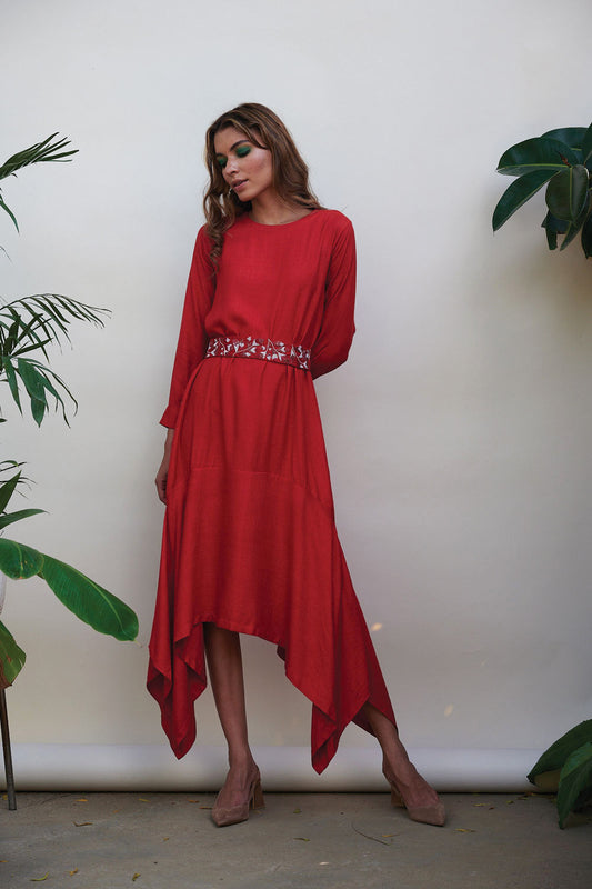 Red Midi Dress by Kanelle with Best Selling, Bold is Beautiful by Kanelle, Casual Wear, For Birthday, July Sale, Midi Dresses, Natural with azo dyes, Red, Relaxed Fit, Solids, Viscose, Womenswear at Kamakhyaa for sustainable fashion