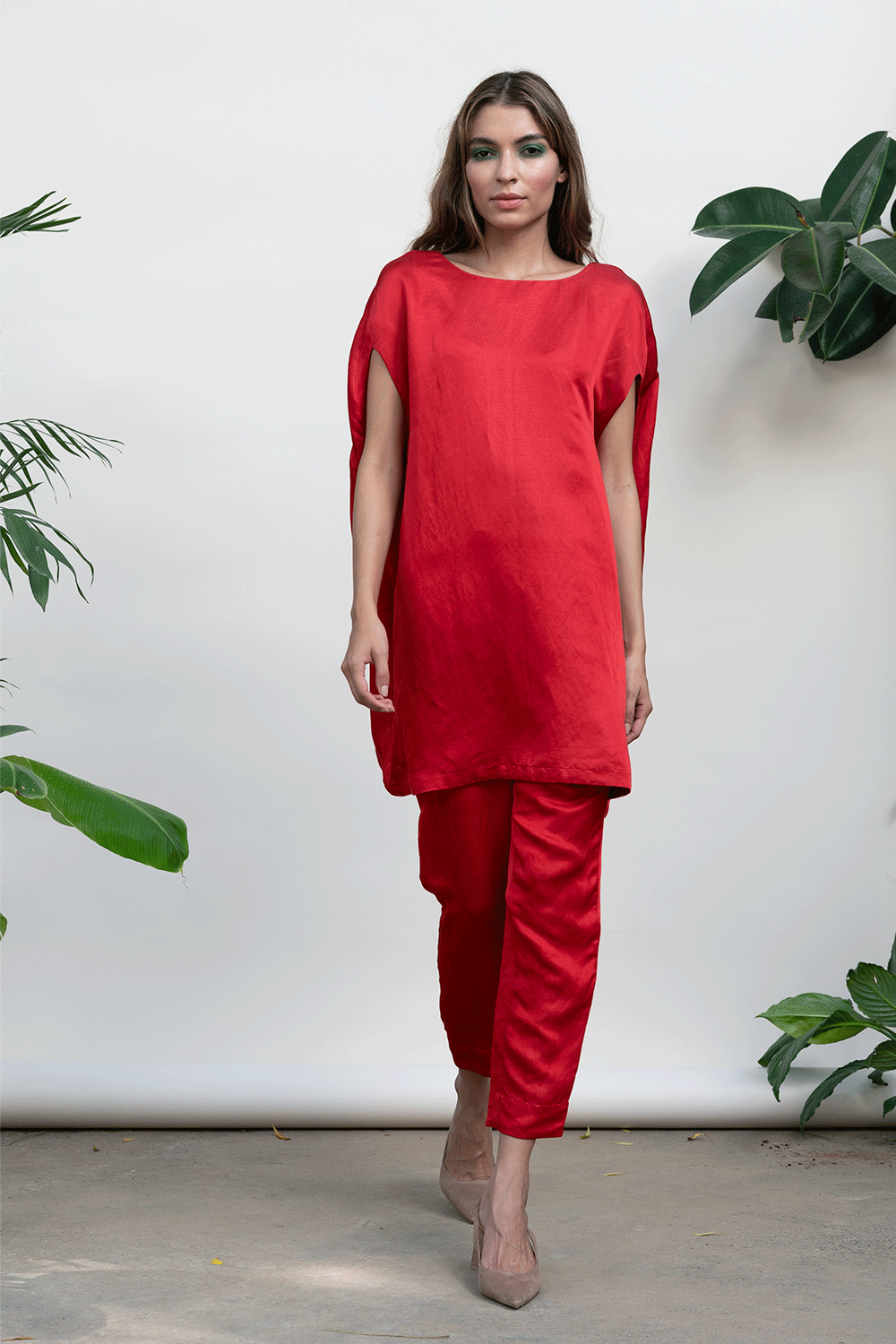 Red Solid Co-ord Set by Kanelle with Best Selling, Bold is Beautiful by Kanelle, Casual Wear, Co-ord Sets, For Birthday, July Sale, Linen Satin, Natural with azo dyes, Red, Relaxed Fit, Solids, Vacation, Vacation Co-ords, Womenswear at Kamakhyaa for sustainable fashion