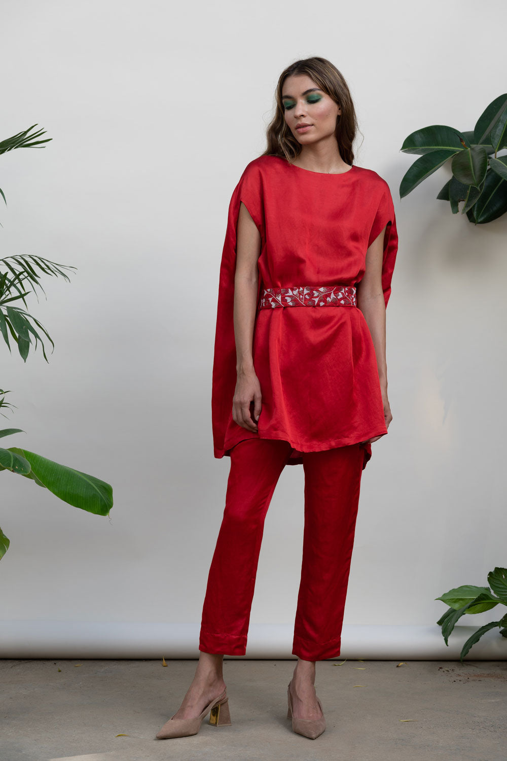 Red Solid Tunic Top by Kanelle with Bold is Beautiful by Kanelle, Casual Wear, For Mother, For Mother W, July Sale, Linen Satin, Natural with azo dyes, Red, Relaxed Fit, Solids, Tunic Tops, Tunics, Womenswear at Kamakhyaa for sustainable fashion