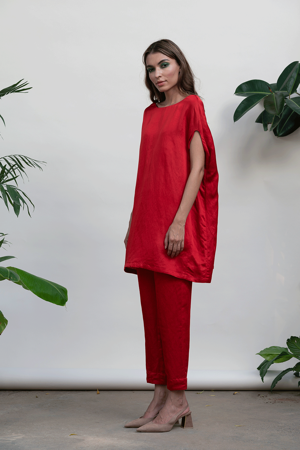 Red Solid Tunic Top by Kanelle with Bold is Beautiful by Kanelle, Casual Wear, For Mother, For Mother W, July Sale, Linen Satin, Natural with azo dyes, Red, Relaxed Fit, Solids, Tunic Tops, Tunics, Womenswear at Kamakhyaa for sustainable fashion